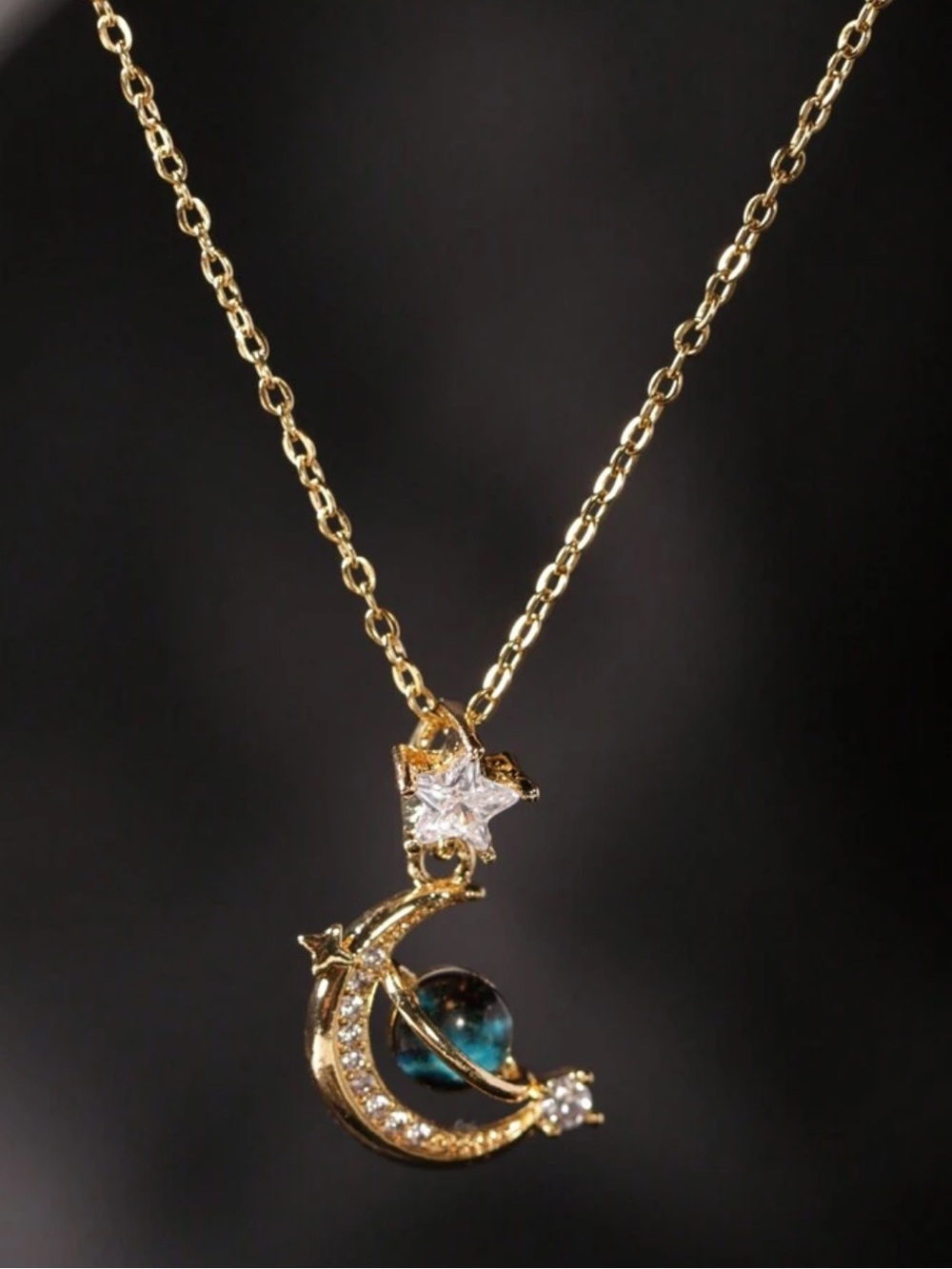 Gold Crescent Moon & Star Pendant Necklace with Blue Orb